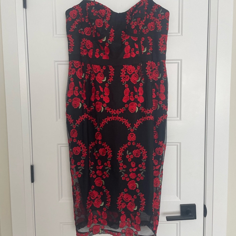 City Chic Black Strapless Dress with Red Floral Embroidery